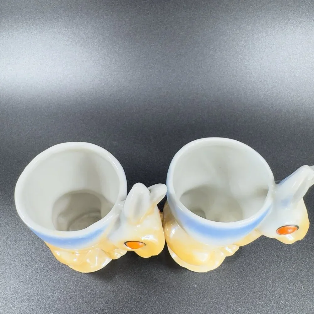 Japanese Ceramic‎ Lusterware Rabbit Bunny Egg Holder Set 2 Toothpick Holder VTG